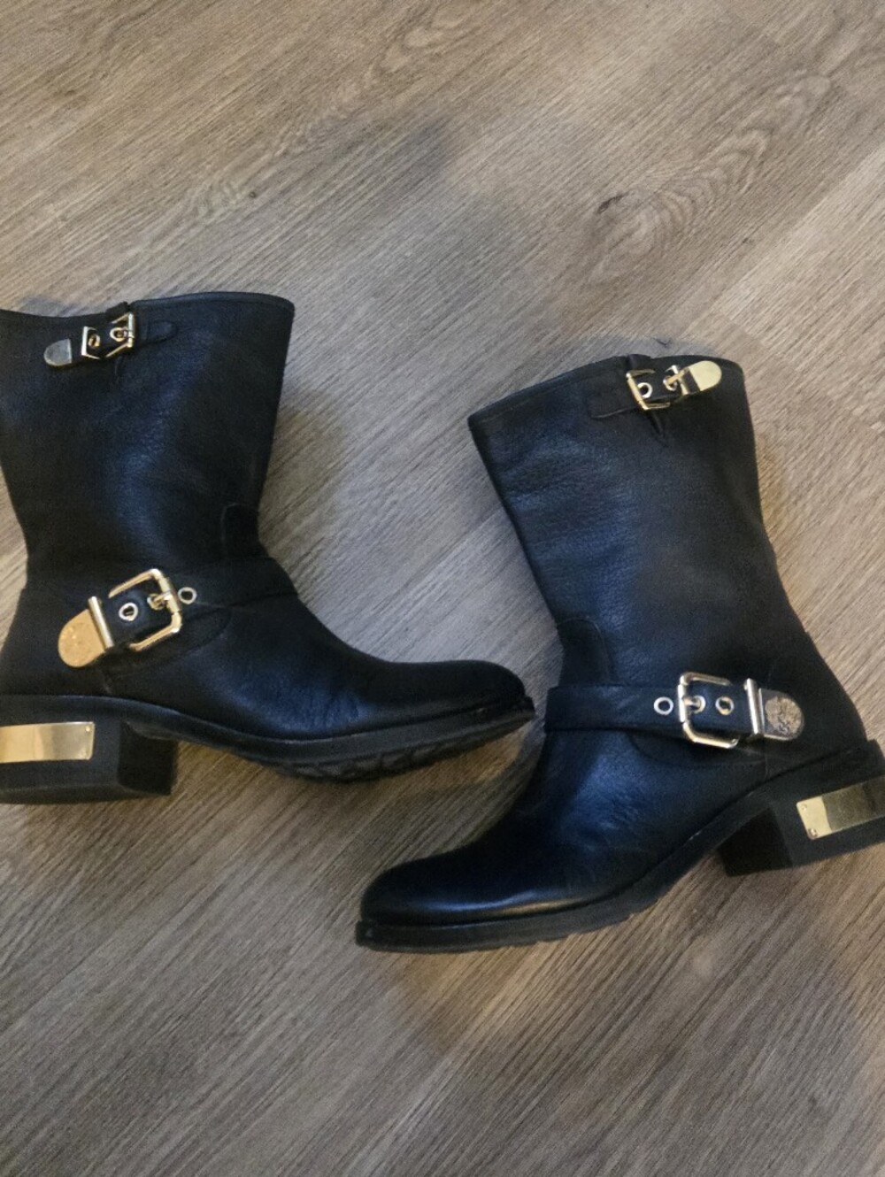 Vince Camuto Black Leather Mid-Calf Boots with Gold Buckle Accents